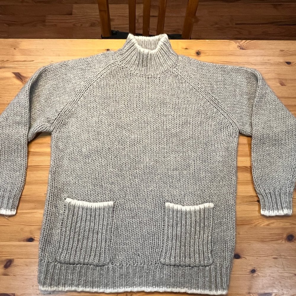 Laura Peterson 80s Vintage Gray Wool Blend Tunic Chunky Knit Sweater w Pockets L - Picture 3 of 7